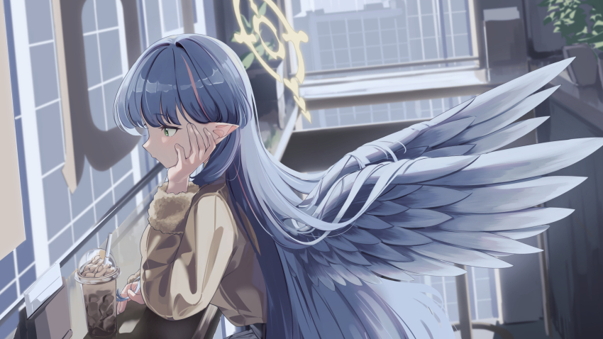 1girl alternate_costume black_skirt blue_archive blue_hair brown_sweater coffee feathered_wings fur_trim green_eyes hair_behind_ear hair_between_eyes hand_on_own_cheek hand_on_own_face highres iced_coffee long_hair mine_(blue_archive) pointy_ears sidelocks skirt sweater tamagore wings