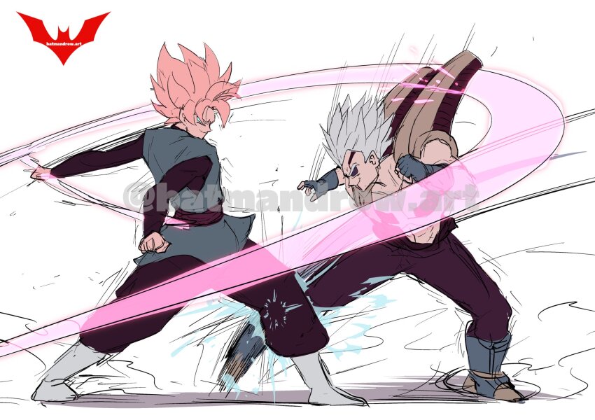 2boys baby_(dragon_ball) baby_vegeta batm_andrew battle bodysuit boots closed_mouth dougi dragon_ball dragon_ball_gt dragon_ball_super evil_smile goku_black highres holding holding_scythe holding_weapon jewelry male_focus multiple_boys muscular muscular_male pink_hair ring scythe smile spiked_hair super_saiyan super_saiyan_rose weapon white_hair