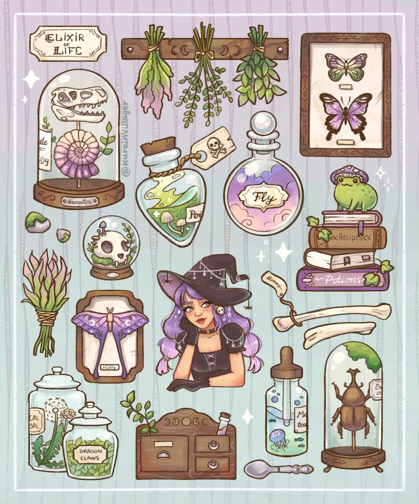 1girl ammonite animal_skull beetle black_choker black_dress black_gloves black_hat blue_background bone book bookmark bottle bug butterfly chest_of_drawers choker commentary dandelion dress earrings english_commentary flower fossil frog gloves hat highres insect jar jellyfish jewelry kurain_villager leaf long_hair low-tied_long_hair moon_phases moth multi-tied_hair mushroom object_focus original pipette potion purple_hair rock simple_background skull_earrings snow_globe solo spider spoon test_tube witch witch_hat