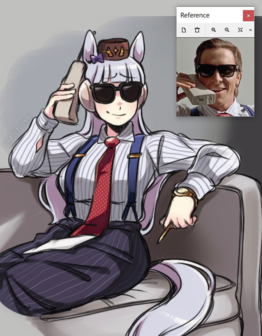 1girl american_psycho animal_ears blunt_bangs bow commentary cosplay couch cropped_legs ear_covers english_commentary gold_ship_(umamusume) highres horse_ears horse_girl horse_tail long_hair necktie pants parody patrick_bateman patrick_bateman_(cosplay) phone pillbox_hat pinstripe_pants pinstripe_pattern purple_bow red_necktie reference_inset sami_(pirateyoukai) sitting smile solo sunglasses suspenders tail umamusume watch white_hair wristwatch