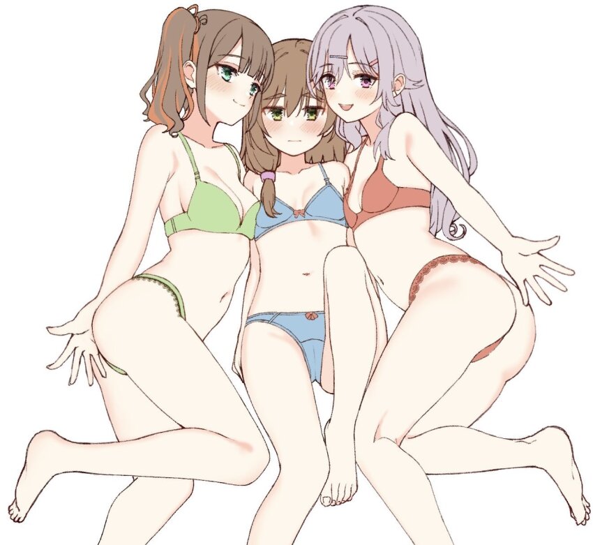 3girls :d :| ass bare_legs bare_shoulders barefoot blue_bra blue_panties blunt_bangs blush bra breast_press breasts brown_hair cameltoe center-flap_bangs cleavage closed_mouth commentary_request expressionless eyes_visible_through_hair foot_out_of_frame green_bra green_eyes green_panties grey_hair gyaru hair_between_eyes hair_intakes hair_ornament hairclip happy highres jitome kinoshita_kaede knee_up lace lace-trimmed_panties lace_trim long_hair looking_at_viewer lying medium_breasts mikuni_sairi multicolored_hair multiple_girls navel on_back on_side open_mouth orange_hair outstretched_arm outstretched_hand panties pink_eyes red_bra red_panties shiraishi_chika side_ponytail simple_background small_breasts smile soles split_mouth symmetrical_docking tenshi_souzou_re-boot! tft_(tft7822) thick_eyebrows thighs toes tsurime two-tone_hair underwear underwear_only white_background