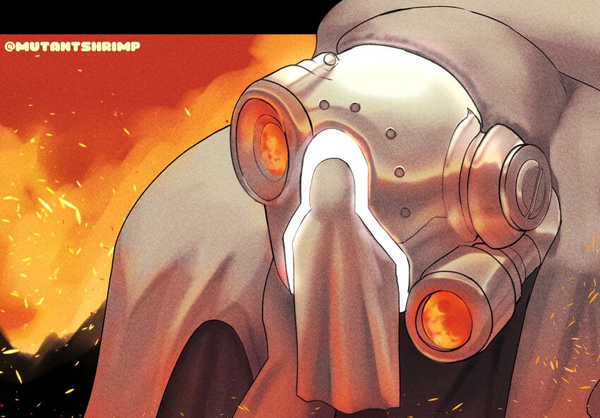 absurdres arson backpack bag cloak fire gyarike helmet highres holding hood hood_up hooded_cloak made_in_abyss mask metal mutantshrimp reflection standing