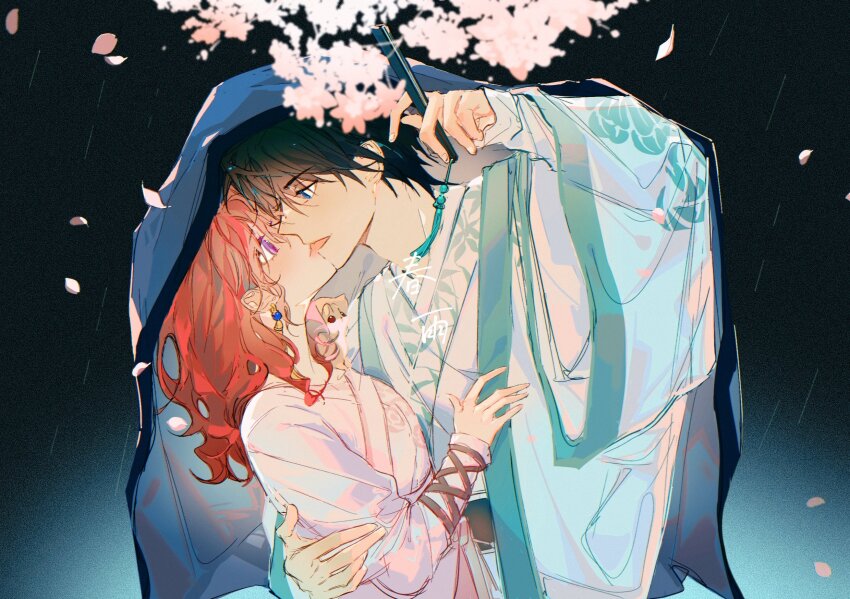 1boy 1girl :p akatsuki_no_yona animal animal_on_shoulder arm_around_waist arm_up black_hair blue_eyes blue_jacket blurry depth_of_field earrings eye_contact falling_petals flower folded_fan folding_fan from_side green_robe hair_between_eyes hak_(akatsuki_no_yona) hand_fan hand_up hetero highres holding holding_fan humi_humi improvised_umbrella jacket jacket_over_head jewelry licking licking_another&#039;s_face licking_another&#039;s_lips long_sleeves looking_at_another medium_hair outdoors parted_lips petals pink_flower pink_petals pink_robe profile purple_eyes rain red_hair robe shared_clothes shared_improvised_umbrella short_hair tassel tassel_earrings tongue tongue_out upper_body wide_sleeves yona_(akatsuki_no_yona)
