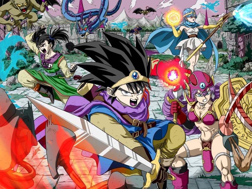 1boy 3girls armor battle bikini_armor black_eyes black_gloves black_hair blue_cape blue_eyes blue_gemstone blue_hair blue_tunic boots breasts brown_gloves cape castle circlet cleavage commentary_request creature_request curly_hair dirty dirty_clothes dougi dragon_quest dragon_quest_iii dress earrings fighting fingerless_gloves gem gloves gold_circlet grey_eyes helmet hero_(dq3) highres holding holding_shield holding_staff holding_sword holding_weapon jewelry looking_at_another looking_at_viewer magic martial_artist_(dq3) midriff moss mountain multiple_girls navel open_mouth outdoors purple_cape purple_hair purple_sky red_armor red_eyes red_helmet roto_(dq3) sage_(dq3) scabbard sheath shield silver_thighlet skeleton sky spiked_hair staff strapless strapless_dress stud_earrings sword thighlet toned toned_female toriyama_akira_(style) tunic twintails v-shaped_eyebrows warrior_(dq3) weapon white_dress winged_helmet yamuchasiyagatte yellow_gloves