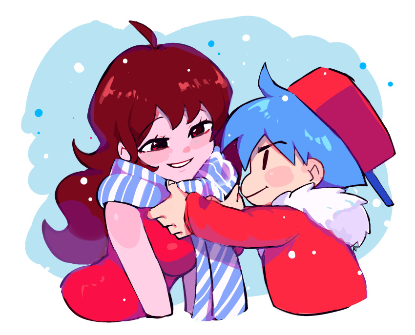 1boy 1girl ahoge baseball_cap benzbt blue_hair blush_stickers boyfriend_(friday_night_funkin&#039;) breasts couple dress friday_night_funkin&#039; fur_collar girlfriend_(friday_night_funkin&#039;) hat heart heart_in_eye highres jacket long_hair looking_at_another medium_breasts neckwear_grab red_dress red_jacket scarf scarf_grab smile striped_clothes striped_scarf symbol_in_eye