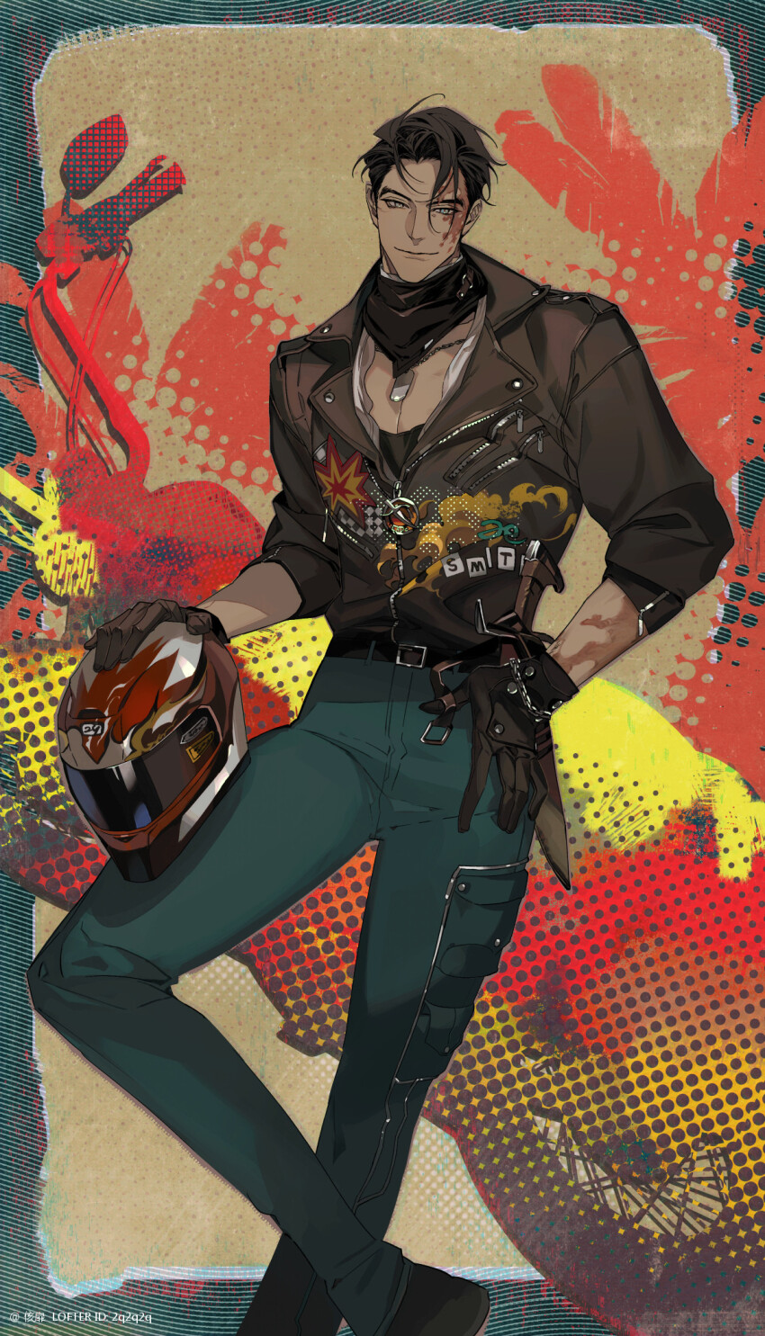 1boy black_gloves black_hair blue_eyes burn_scar denim gloves helmet highres holding holding_helmet jacket jeans j_(reverse:1999) kaifei_(kaifei_29) leather leather_jacket male_focus motorcycle_helmet pants pop_art red_helmet reverse:1999 scar scar_on_arm short_hair sleeve_pushed_up smile solo