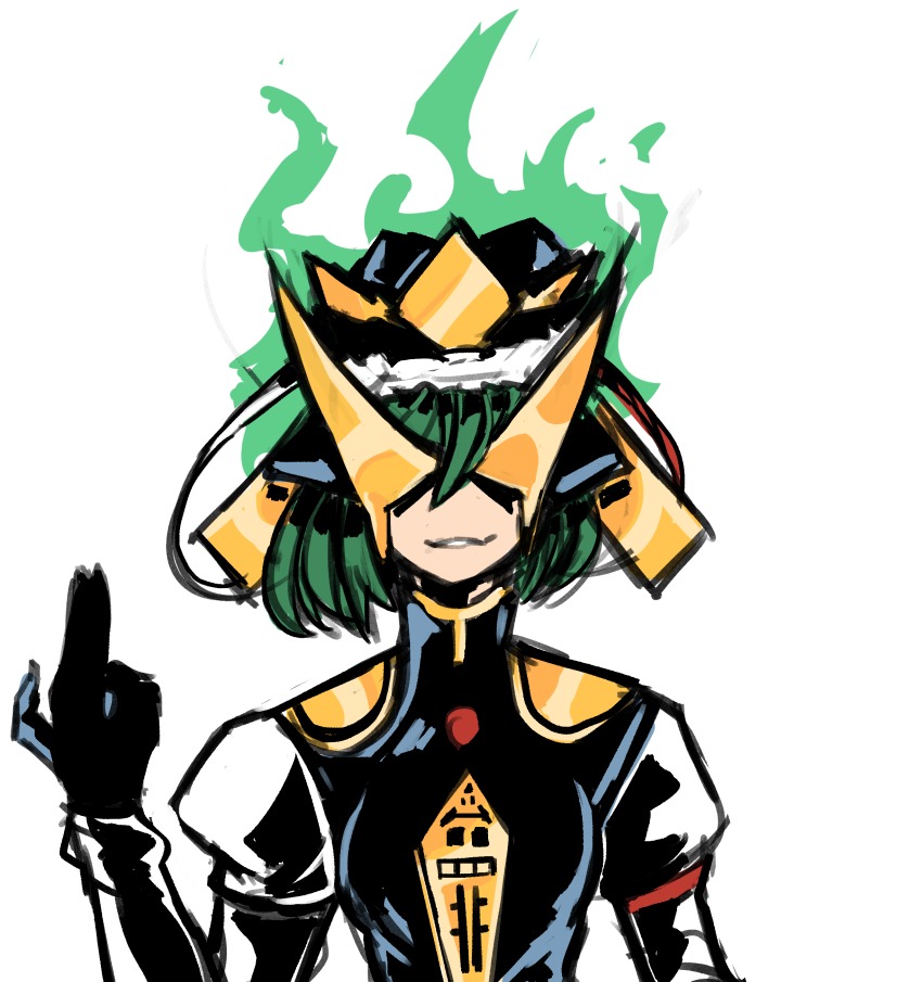 1girl absurdres bad_id bad_pixiv_id breasts female_focus fire glasses green_fire green_hair hair_ornament hat highres long_sleeves looking_at_viewer military military_hat military_uniform over_justice parody pointing ribbon rod_of_remorse shiki_eiki simple_background small_breasts smile solo sunglasses touhou uchuu_patrol_luluco upper_body white_background zanamaoria