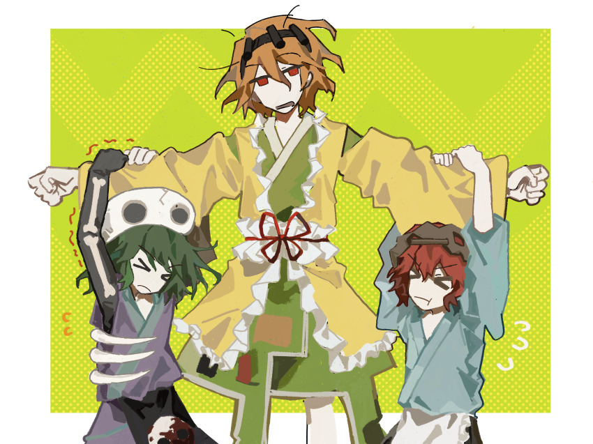 &gt;_&lt; 3others aaayamitsu absurdres androgynous apron black_hairband blood blood_on_clothes blue_kimono brown_hakama brown_headwear brown_sleeves chinese_commentary closed_mouth commentary_request detached_sleeves frilled_jacket frills frown green_hair green_kimono hairband hakama helmet highres holding_another&#039;s_arm jacket japanese_clothes katano_sukune kimono kimono_dress kitsugai_sese len&#039;en long_sleeves medium_hair multiple_others no_nose open_mouth orange_hair other_focus purple_kimono red_eyes red_ribbon ribbon short_hair single_sleeve skeletal_arm skull_on_head waist_apron white_apron wide_sleeves yellow_jacket yellow_sleeves zuifeng_tenkai