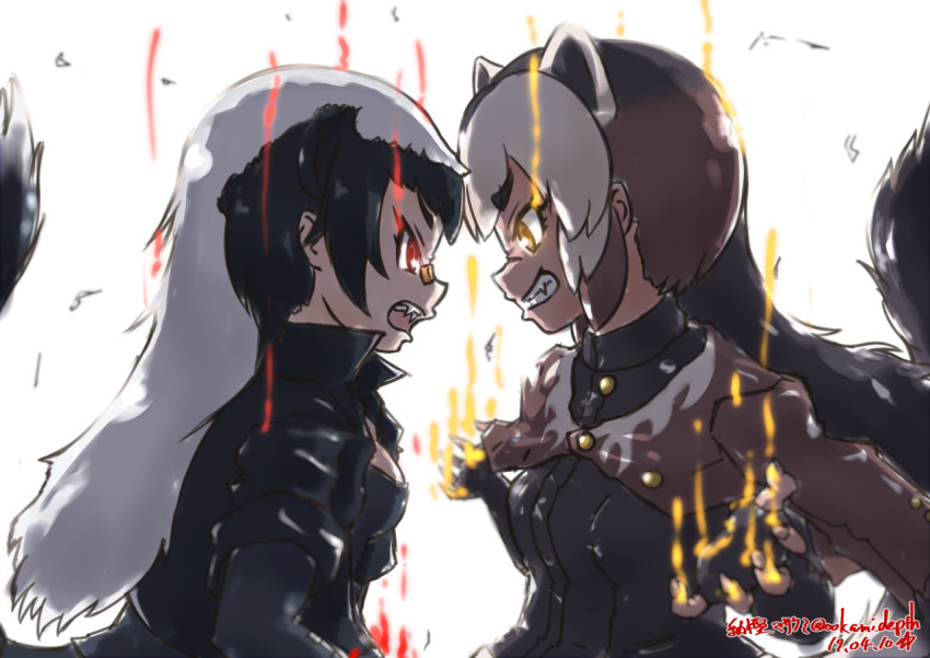 2girls angry animal_ears aura badger_ears badger_tail bandaid bandaid_on_face bandaid_on_nose black_gloves black_hair brown_hair claws clenched_teeth commentary_request dated elbow_gloves extra_ears eye_contact face-to-face fangs fingerless_gloves gloves glowing glowing_eyes ratel_(kemono_friends) jacket jacket_on_shoulders kemono_friends long_hair looking_at_another multicolored_hair multiple_girls nakashi_masakumi profile red_eyes scar scar_on_face scar_on_nose signature simple_background tail teeth two-tone_hair white_background white_hair wolverine_(kemono_friends) yellow_eyes