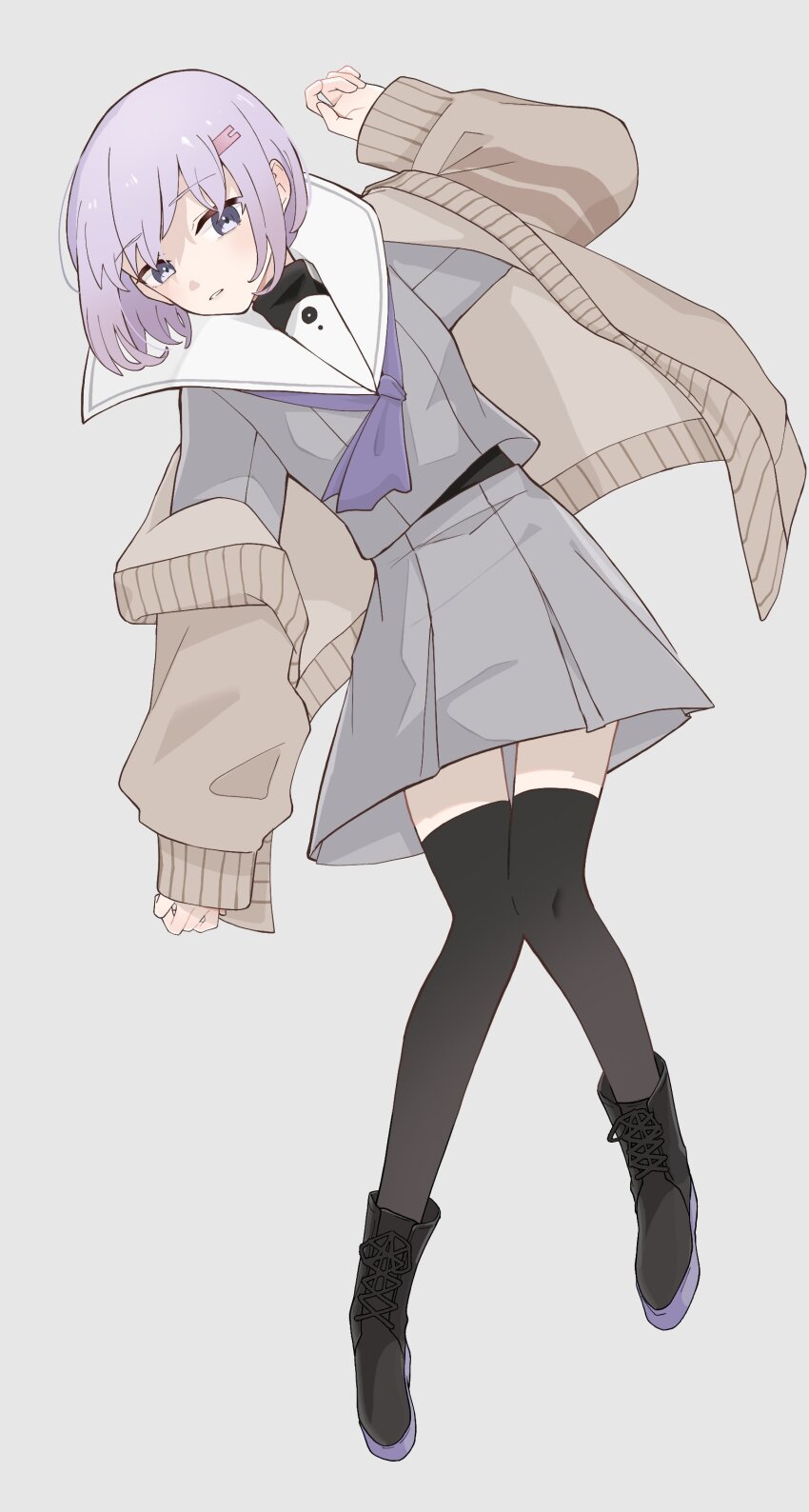 1girl a.i._voice absurdres black_boots black_thighhighs black_undershirt boots brown_cardigan cardigan commentary full_body grey_background grey_serafuku grey_shirt grey_skirt hair_ornament hairclip hand_up highres knees_together_feet_apart leaning_to_the_side long_sleeves looking_at_viewer neckerchief off_shoulder open_cardigan open_clothes parted_lips purple_eyes purple_hair purple_neckerchief sabiwo sailor_collar school_uniform serafuku shirt short_hair simple_background skirt solo thighhighs voiceroid white_sailor_collar yuzuki_yukari yuzuki_yukari_(shizuku)