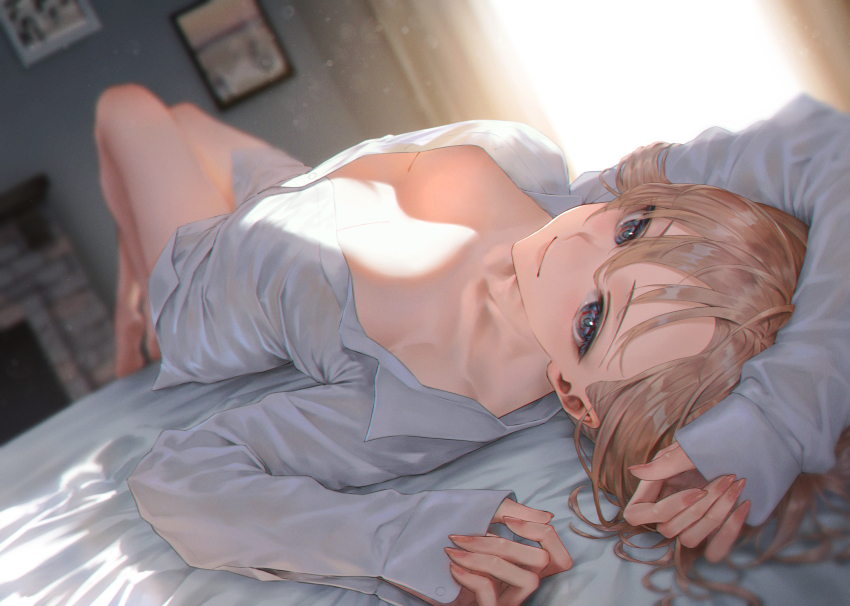 1girl blue_eyes breasts cleavage collared_shirt commentary fate/grand_order fate_(series) highres large_breasts long_hair long_sleeves looking_at_viewer lying miyamoto_musashi_(fate) mugetsu2501 on_back pink_hair ponytail shirt smile solo white_shirt