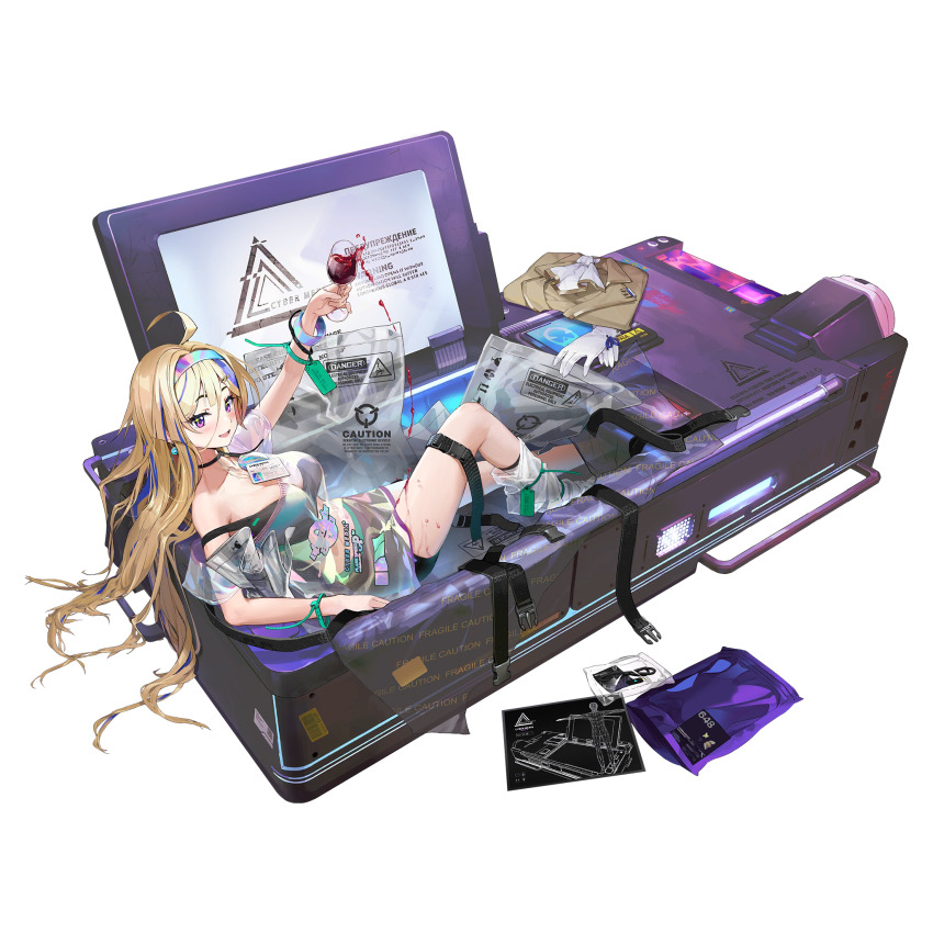 1girl ahoge alcohol artist_request ascot awakening_(neural_cloud) bag black_bra black_shorts blonde_hair blue_hair bra choker cup drinking_glass game_cg girls&#039;_frontline girls&#039;_frontline_neural_cloud gloves hairband highres holding holding_cup in_container jacket long_hair millau_(neural_cloud) official_alternate_costume official_art open_mouth plastic_bag purple_eyes reclining see-through_clothes see-through_shirt shipping_container shirt shorts solo sparkling_eyes spill third-party_source underwear unworn_gloves unworn_jacket white_gloves wine wine_glass