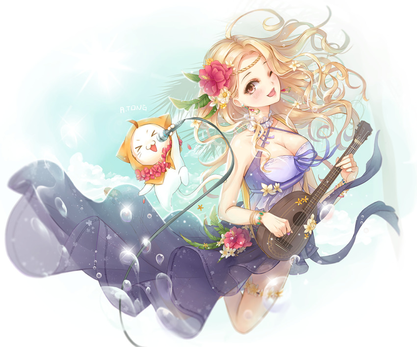 &gt;_&lt; 1girl a.tong ahoge animal bare_legs bare_shoulders bikini bikini_ribbon blonde_hair blue_bikini blue_choker blue_ribbon blue_sky border bracelet breasts brown_eyes cable cat chinese_commentary choker cleavage cloak clothed_animal cloud commentary_request criss-cross_halter cropped_legs day ear_covers eyelashes eyeshadow floating_clothes floating_hair flower flower_necklace flower_thigh_strap frilled_bikini frilled_choker frills gold_bracelet hair_flower hair_ornament halterneck happy headband hibiscus holding holding_microphone hood hood_up hooded_cloak instrument jewelry large_breasts lei light_blush light_particles long_hair makeup microphone miracle_nikki momo_(nikki) multiple_bracelets music necklace nikki_(series) one_eye_closed open_mouth outdoors outside_border palm_tree pink_flower playing_instrument purple_sarong red_eyeshadow ribbon sarong signature singing sky smile sun swimsuit thigh_strap tree ukulele water_drop wavy_hair whiskers white_border white_cat white_flower wonderful_holidays_(miracle_nikki) yellow_cloak yellow_headband