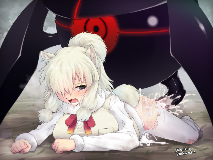 1girl alpaca_ears alpaca_girl alpaca_suri_(kemono_friends) alpaca_tail animal_ears bestiality black_eyes breasts cellien_(kemono_friends) clenched_hands cum dated day excessive_cum fog full_body fur-trimmed_sleeves fur_collar fur_trim hair_bun hair_over_one_eye horizontal_pupils kemono_friends large_breasts long_sleeves looking_back lying monster no_pants on_ground on_stomach one-eyed open_mouth outdoors cum_overflow pantyhose parted_bangs rape sakuragi_rian shirt single_hair_bun solo solo_focus splashing sweat sweater_vest tail tearing_up tentacle_sex tentacles torn_clothes torn_pantyhose white_pantyhose