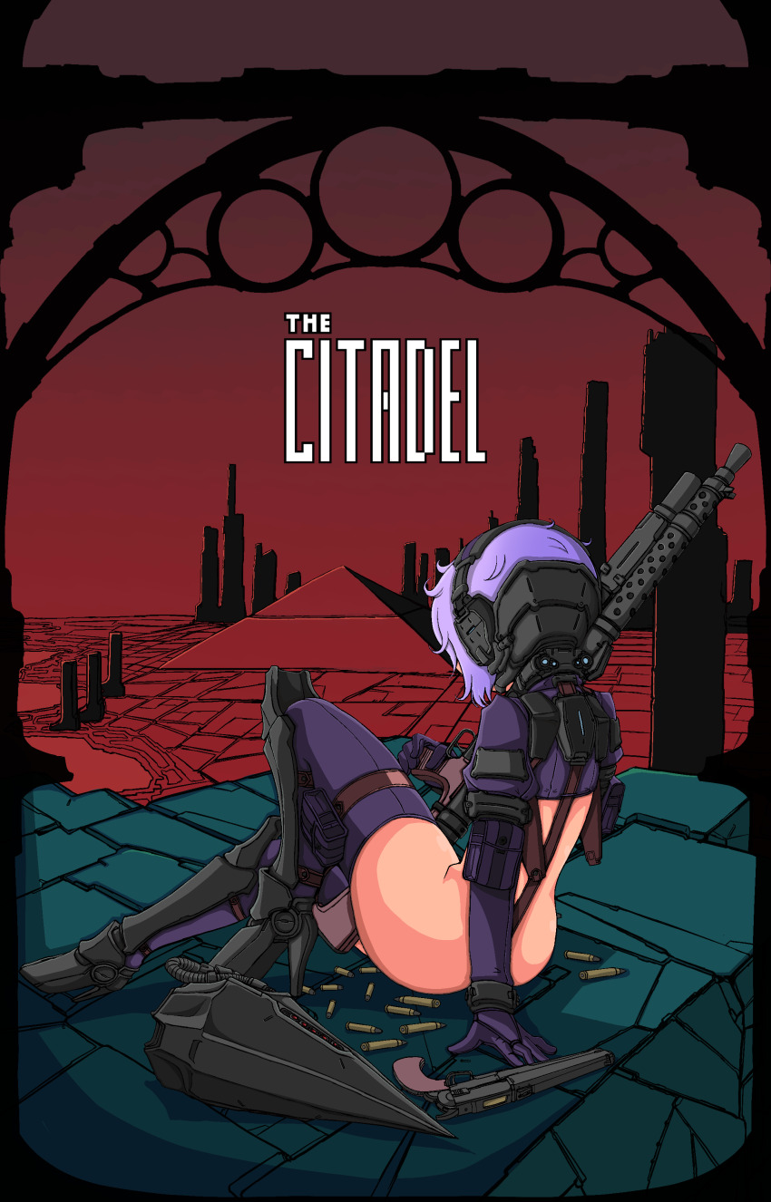 1girl arm_pouch arm_strap armor ass assault_rifle boots building bullet city cityscape crop_top crotch_strap doekuramori female_focus full_body gloves greaves gun handgun helmet high_heel_boots high_heels holding holding_gun holding_rifle holding_weapon knee_up leaning_back martyr_(the_citadel) official_art pistol pouch purple_gloves purple_hair purple_shirt purple_thighhighs pyramid_(structure) red_sky rifle shirt sitting sky skyscraper solo solo_focus the_citadel thigh_pouch thigh_strap thighhighs title unworn_headwear unworn_helmet weapon