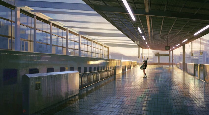 1girl alternate_costume aqua_hair black_socks casual ceiling_light cityscape hatsune_miku highres instrument_case instrument_on_back kgynh long_hair looking_at_viewer looking_to_the_side outdoors railing scenery shirt shorts shoulder_tattoo sign sleeveless sleeveless_shirt socks solo standing tattoo tile_floor tiles train_station twintails vocaloid white_shirt