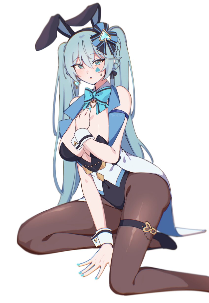 1girl absurdres animal_ears aqua_eyes aqua_hair arm_strap bare_shoulders between_legs black_leotard black_survival bow bowtie breasts brown_pantyhose covered_navel detached_collar emma_hardy eternal_return:_black_survival facial_mark fake_animal_ears hairband hand_between_legs hand_on_own_chest highres leotard long_hair looking_at_viewer medium_breasts nail_polish official_alternate_costume pantyhose parted_lips playboy_bunny rabbit_ears simple_background solo strapless strapless_leotard sweatdrop taenyaki tailcoat thigh_strap twintails very_long_hair vest white_background white_vest wing_collar wrist_cuffs