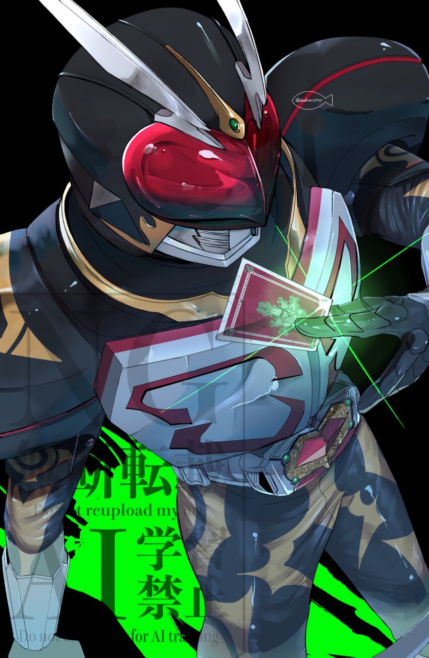 1boy armor belt_buckle black_armor black_background black_bodysuit black_helmet bodysuit buckle card cowboy_shot glint helmet highres holding holding_card kamen_rider kamen_rider_blade_(series) kamen_rider_chalice male_focus rider_belt sahimi777 solo watermark white_armor