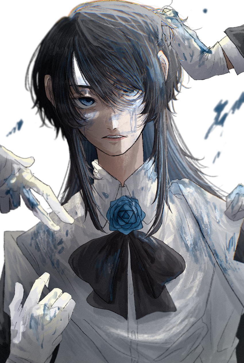 absurdres ado_(utaite) black_bow black_bowtie blue_eyes blue_flower blue_hair blue_rose bow bowtie flower gloves highres koruko_(kaoruko67000) long_hair multiple_hands rose shirt utaite white_background white_gloves white_shirt wish