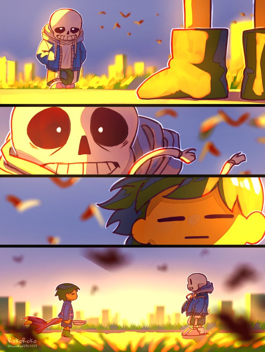 1boy 1other artist_name black_hair black_shorts chara_(undertale) closed_eyes closed_mouth highres holding holding_knife holding_weapon hood hood_down hooded_jacket jacket knife korokor59513559 looking_at_another male_focus outdoors sans_(undertale) shirt short_hair shorts skeleton sky sunset teeth twitter_username undertale weapon white_shirt