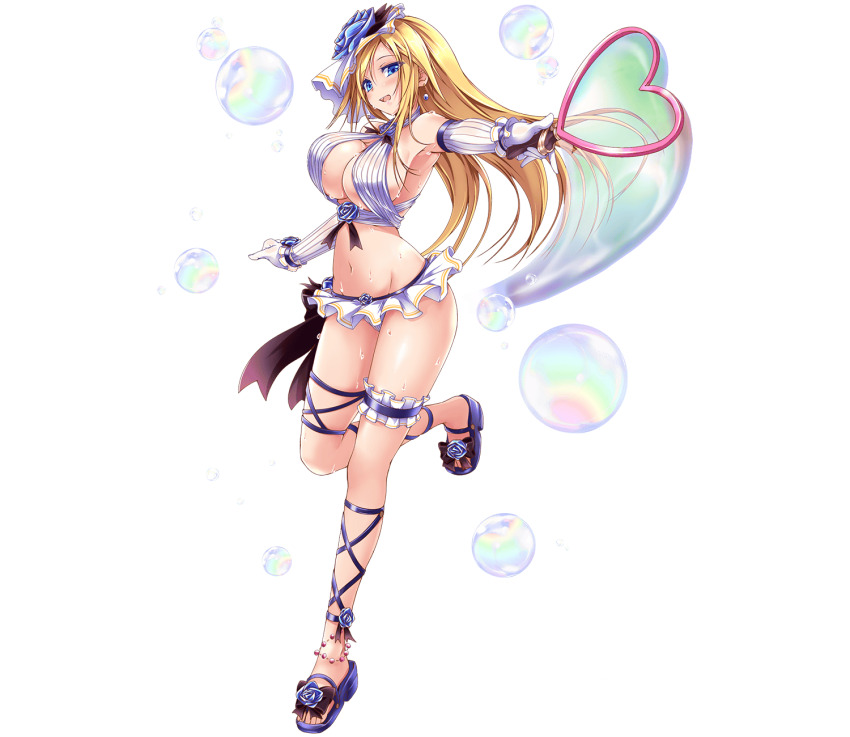 1girl armpits bikini blonde_hair blue_eyes blue_flower blue_rose breasts bubble bubble_wand caladbolg_(phantom_of_the_kill) cross-laced_footwear detached_sleeves earrings flower frilled_bikini frills full_body groin hair_flower hair_ornament heart high_heel_sandals highres jewelry large_breasts legband long_hair looking_at_viewer navel official_alternate_costume official_art phantom_of_the_kill rose sandals shore simple_background smile solo swimsuit third-party_source transparent_background wet