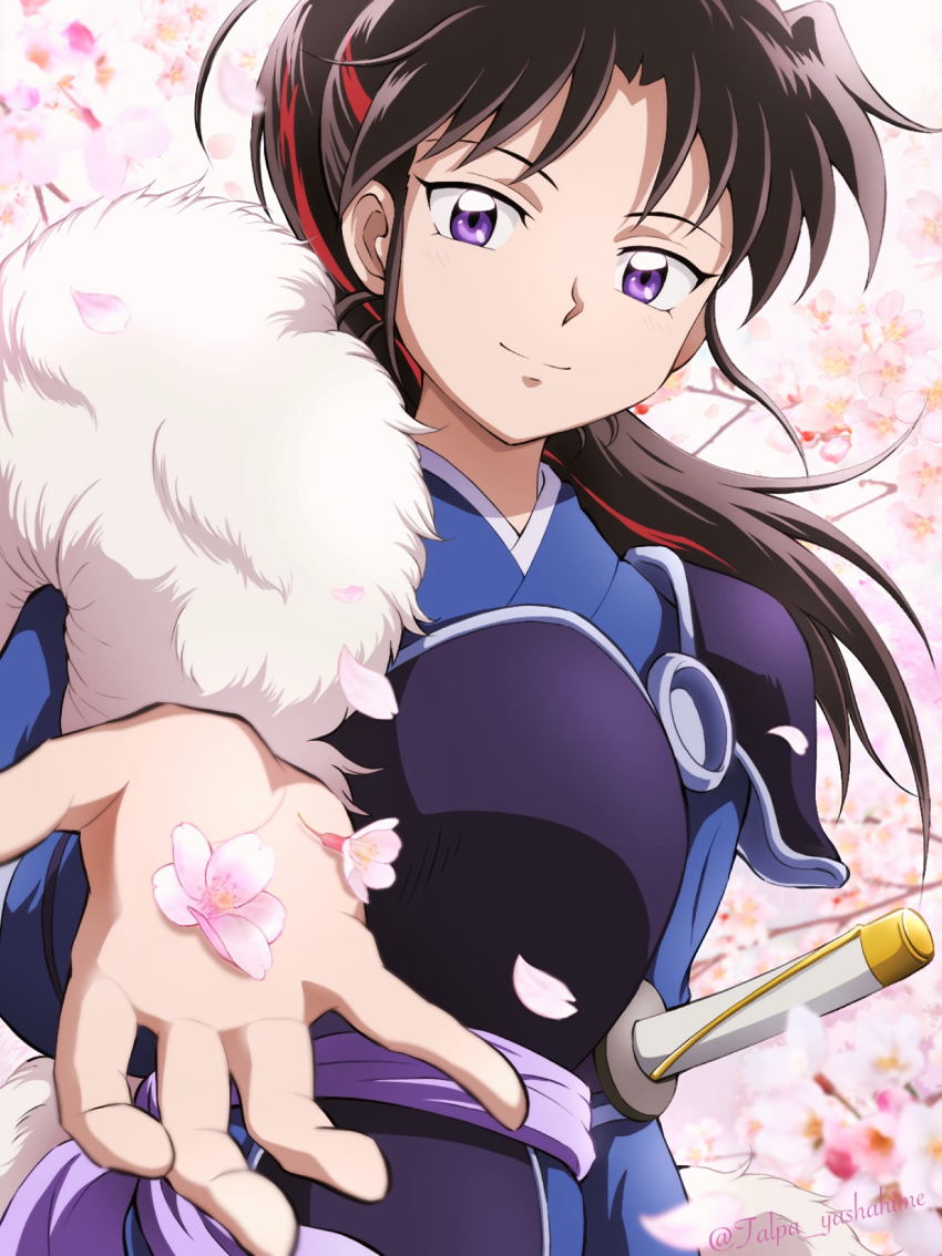 1girl black_hair cherry_blossoms han&#039;you_no_yashahime highres inuyasha multicolored_hair purple_eyes red_hair sakura setsuna_(inuyasha) tagme two-tone_hair