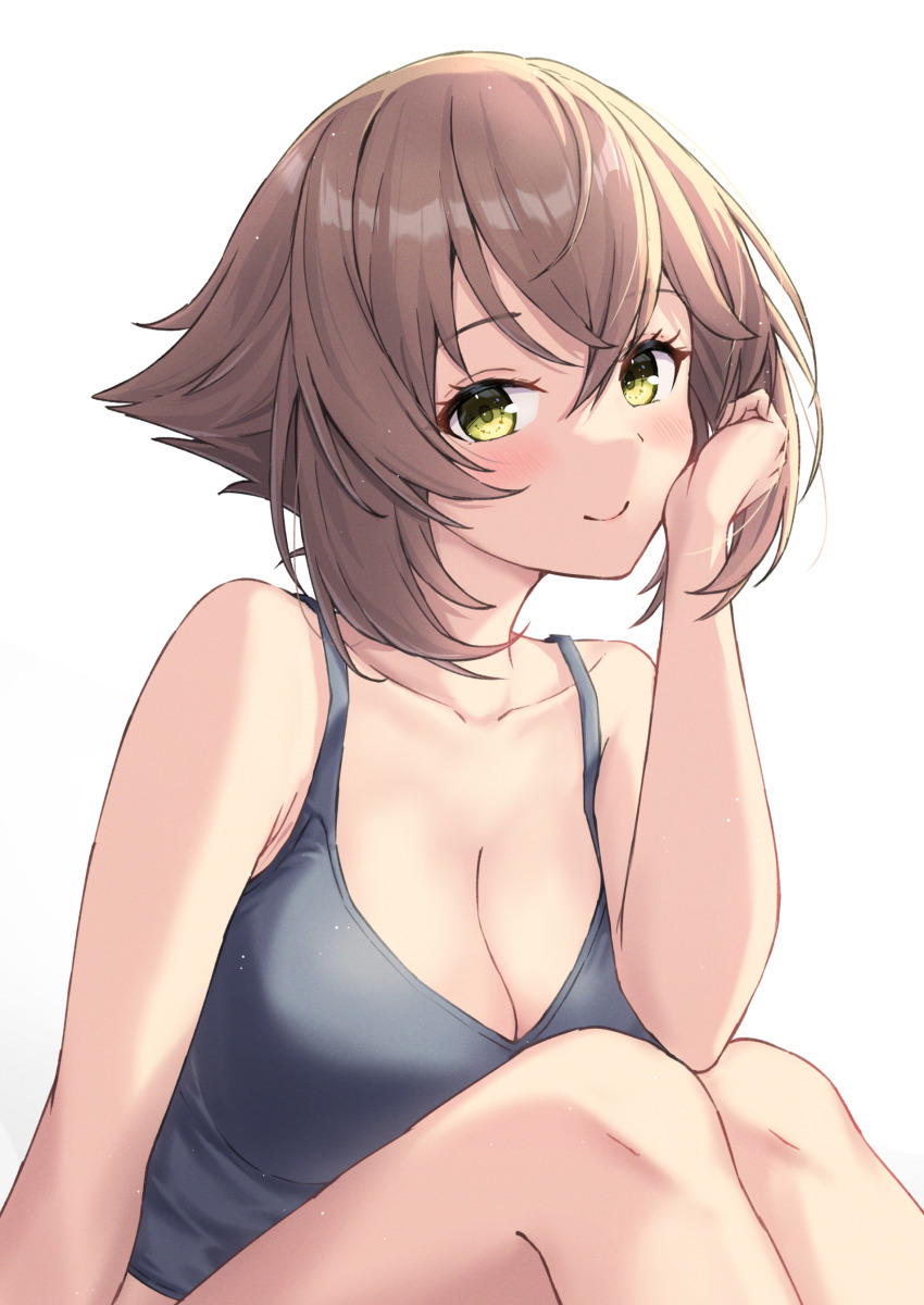 1girl absurdres blush breasts brown_hair camisole cleavage closed_mouth collarbone feet_out_of_frame green_eyes grey_camisole highres kantai_collection large_breasts looking_at_viewer monoku mutsu_(kancolle) short_hair simple_background smile solo white_background