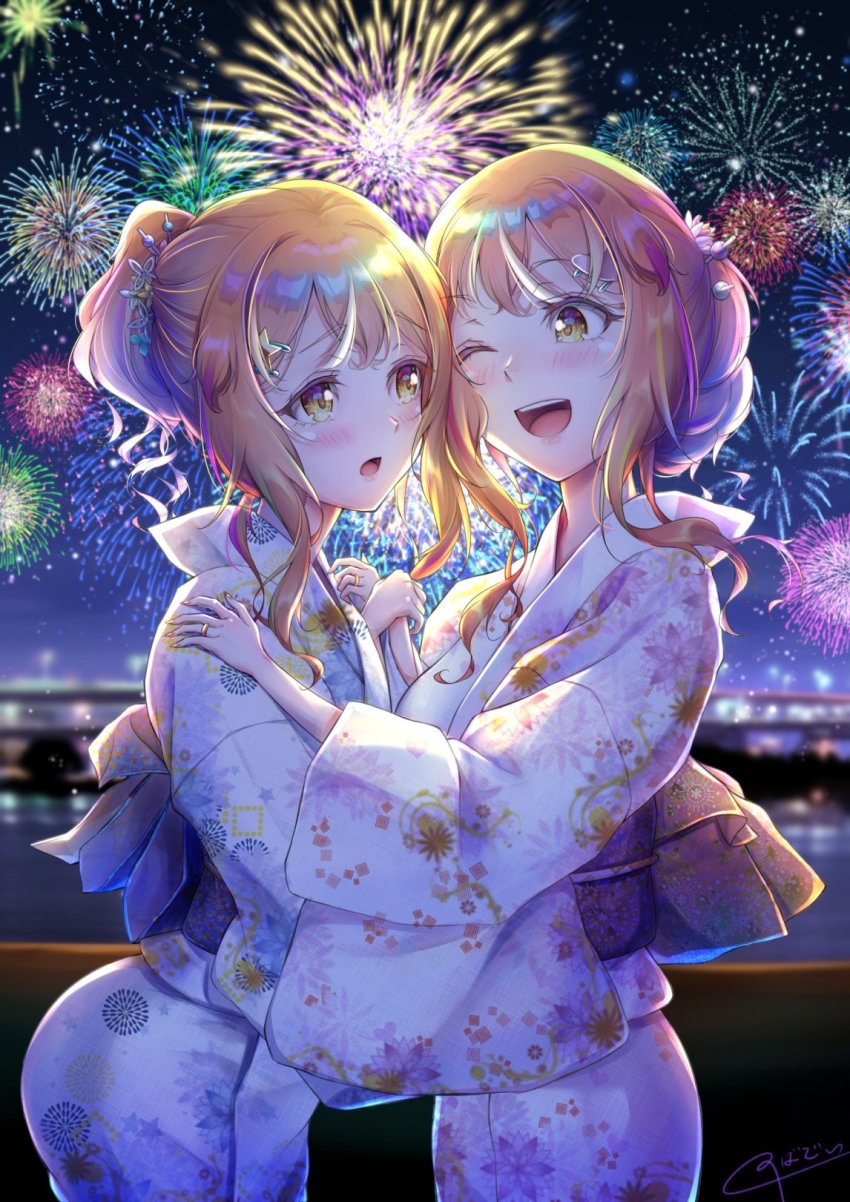 1boy 1girl androgynous ass blonde_hair blush breasts brother_and_sister fireworks flower hair_bun hair_flower hair_ornament highres hug japanese_clothes kimono large_breasts leaning leaning_forward natsusora_aona natsusora_wakana night novady one_eye_closed open_mouth original shiny_skin short_hair_with_long_locks siblings single_hair_bun smile trap twins wide_hips wink yellow_eyes yukata