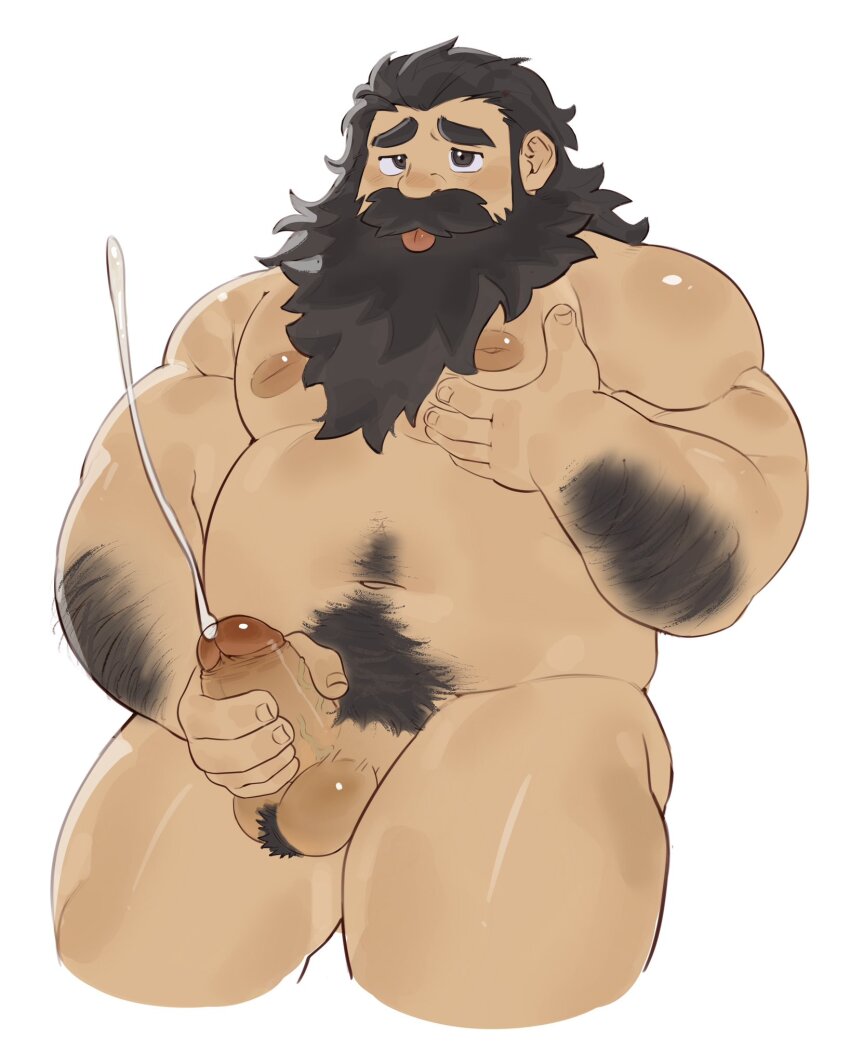 1boy bara beard belly brown_hair completely_nude cum dungeon_meshi dwarf ejaculation erection facial_hair full_beard girthy_penis grabbing_own_pectoral hairy highres large_pectorals long_beard male_focus male_masturbation masturbation mature_male muscular muscular_arms muscular_male mustache nipples nude overload_(nuhoangxitray) pectorals penis senshi_(dungeon_meshi) solo testicles thick_arm_hair thick_beard thick_mustache thick_testicle_hair thighs torogao uncensored