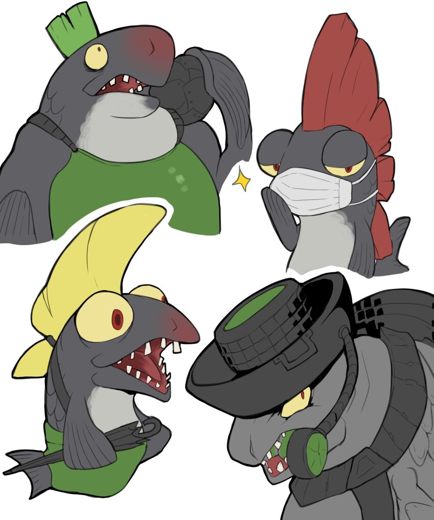 akkii_(dba_grs191) animal animal_focus arm_at_side arm_up bags_under_eyes big_shot_(splatoon) blonde_hair blush bulging_eyes cannonball clothed_animal colored_sclera constricted_pupils covered_mouth cropped_torso drizzler_(splatoon) fish flat_color full_body glint green_hair green_overalls half-closed_eyes highres holding holding_umbrella looking_at_viewer looking_up mask mohawk mouth_mask nintendo no_humans nose_blush open_mouth overalls red_eyes red_hair salmon_run_(splatoon) short_hair simple_background splatoon_(series) steel_eel_(splatoon) steelhead_(splatoon) surgical_mask teeth tongue umbrella upper_body white_background yellow_sclera