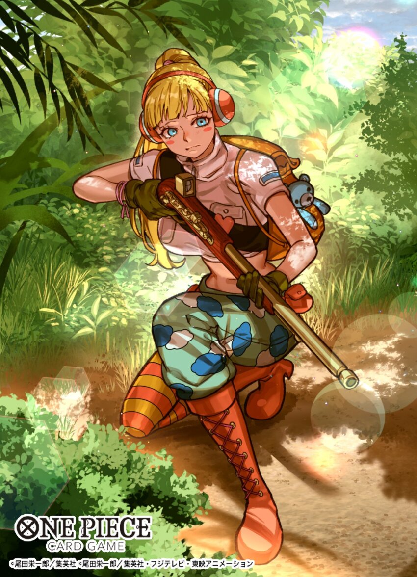 1girl bag belt_pouch blunt_bangs blush_stickers boots commentary_request copyright_name cropped_jacket full_body gun headphones hibari_(one_piece) highres holding holding_gun holding_weapon looking_to_the_side official_art on_one_knee one_piece one_piece_card_game outdoors ponytail pouch shoulder_bag solo sunohara_(encount) weapon