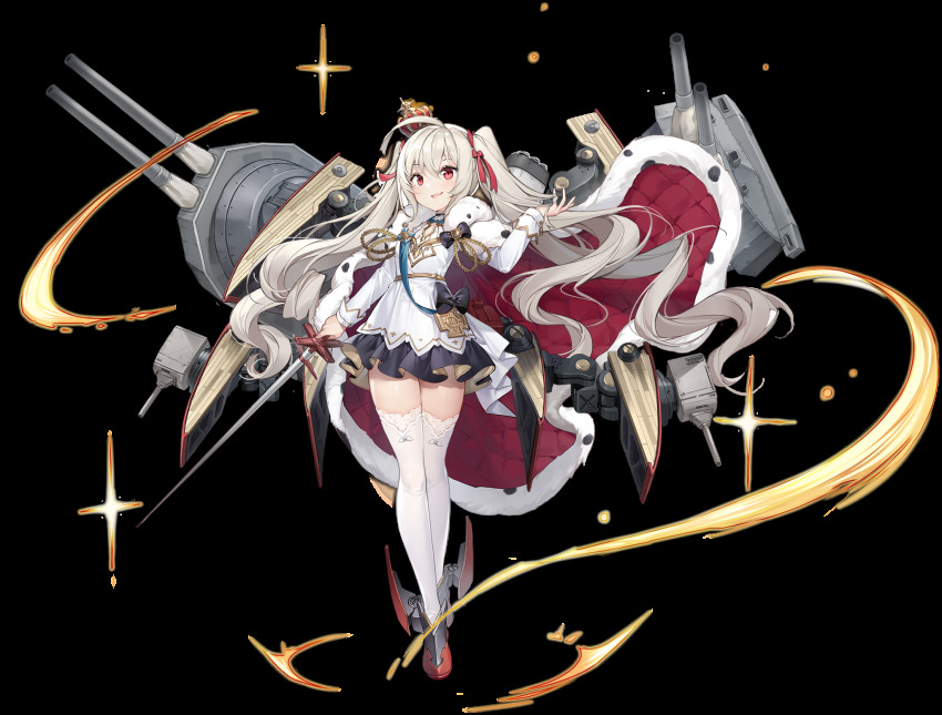 1girl ahoge alisa_(kuro_no_sakura) azur_lane black_skirt cape crown full_body fur-trimmed_cape fur_trim hair_ribbon hand_up highres holding holding_sword holding_weapon long_hair long_sleeves looking_at_viewer machinery miniskirt official_art open_mouth rapier red_eyes ribbon rudder_footwear ship_turret shirt silver_hair skirt smile solo standing sword thighhighs transparent_background twintails valiant_(azur_lane) very_long_hair weapon white_shirt white_thighhighs zettai_ryouiki