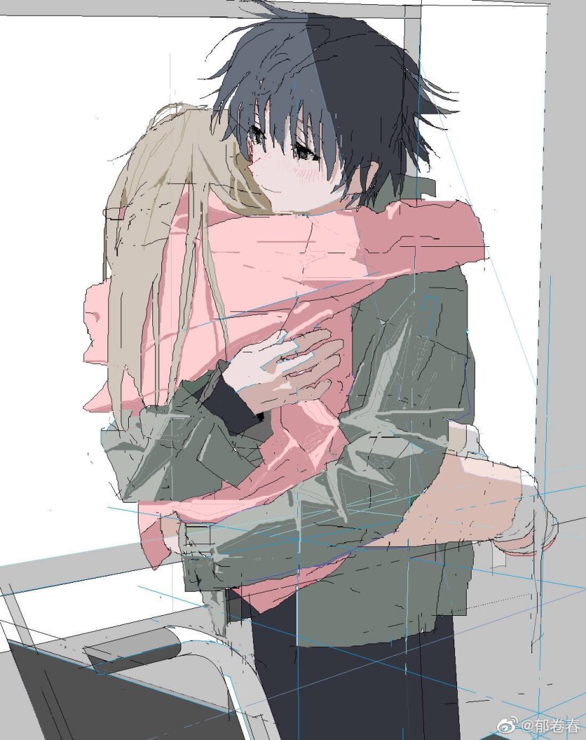 1boy 1girl amputee bandaged_leg bandages black_eyes black_hair black_pants blush brown_hair carrying carrying_person character_request closed_mouth double_amputee green_jacket grey_background highres hug indoors jacket jaggy_lines legless_amputee long_hair long_sleeves microsoft_paint_(medium) pants pink_shirt shirt short_hair smile tkwkai watermark weibo_watermark wheelchair white_background yiqi_huijia_ba