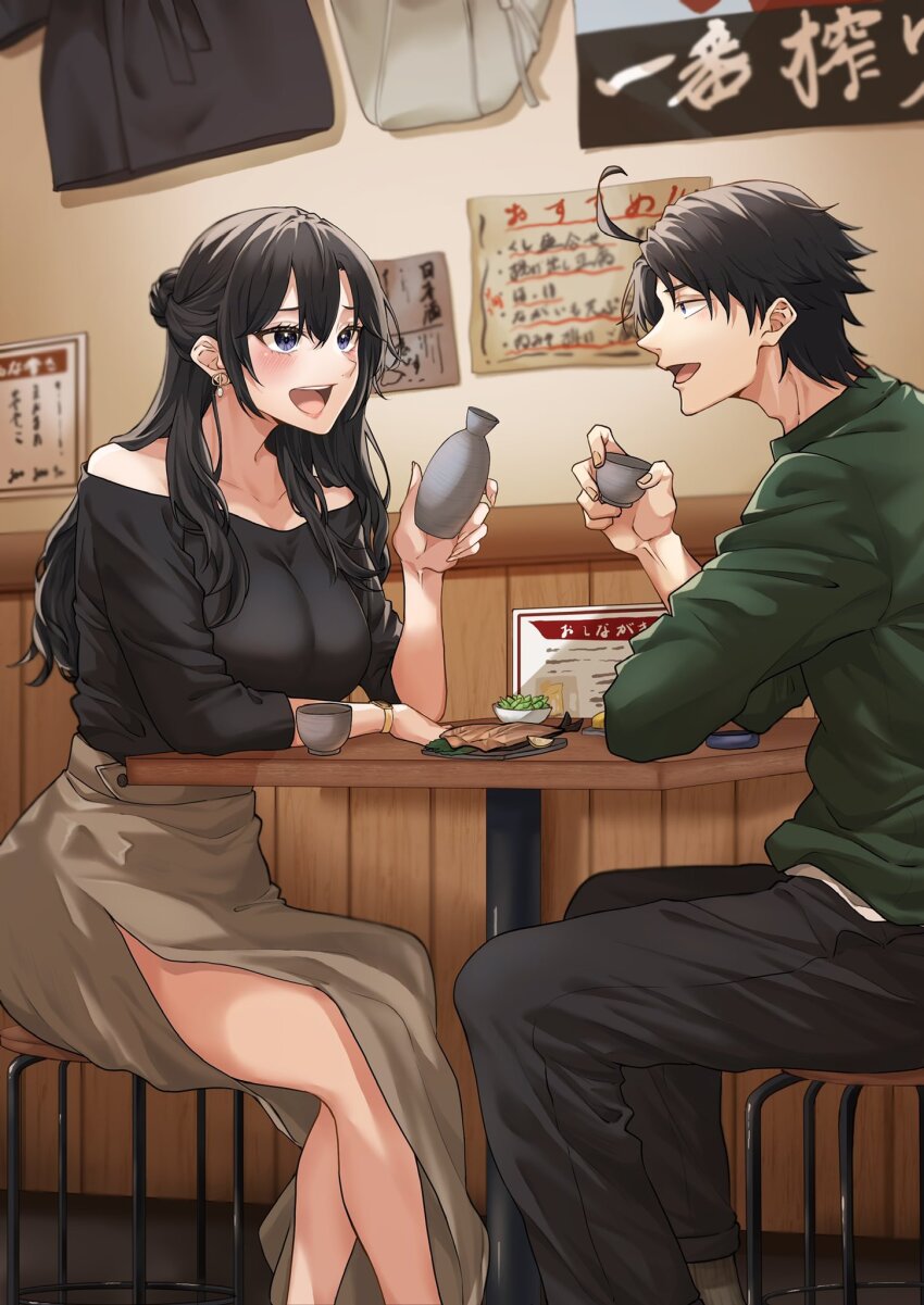 1boy 1girl aged_up ahoge alternate_universe bare_shoulders black_hair black_shirt bottle breasts collarbone cup earrings elbow_rest green_sweater grey_eyes highres hikigaya_hachiman hiratsuka_shizuka holding holding_bottle holding_cup indoors jewelry large_breasts light_(lightpicture33) long_skirt looking_at_another menu_board off-shoulder_shirt off_shoulder open_mouth plate profile revision sakazuki sake_bottle shirt side_slit sitting skirt stool sweater table yahari_ore_no_seishun_lovecome_wa_machigatteiru.