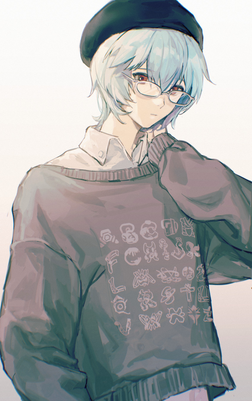 1boy absurdres alphabet alternate_costume ayanami_rei beret bespectacled black_hat blue_hair chinese_commentary clothes_writing collared_shirt commentary_request expressionless film_grain genderswap genderswap_(ftm) glasses grey_sweater hair_between_eyes hand_on_own_neck hand_up hat highres long_sleeves looking_at_viewer male_focus neon_genesis_evangelion red_eyes shirt short_hair simple_background solo standing sweater upper_body white-framed_eyewear white_background white_shirt zai_chi_yi_wan