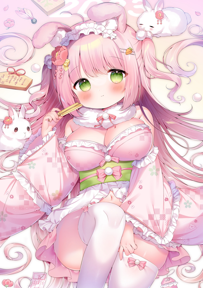 1girl absurdres ahoge animal_ears apron blush bow breasts carrot_hair_ornament cleavage closed_mouth commentary commentary_request detached_sleeves english_commentary flower food-themed_hair_ornament green_eyes green_sash hair_flower hair_ornament highres japanese_clothes kimono large_breasts long_hair maid mixed-language_commentary navel obi original paid_reward_available pink_bow pink_kimono pink_sleeves rabbit rabbit_ears red_flower sash smile solo thighhighs thighs tsukimi_mumi wa_maid waist_apron white_apron white_rabbit_(animal) white_thighhighs wide_sleeves