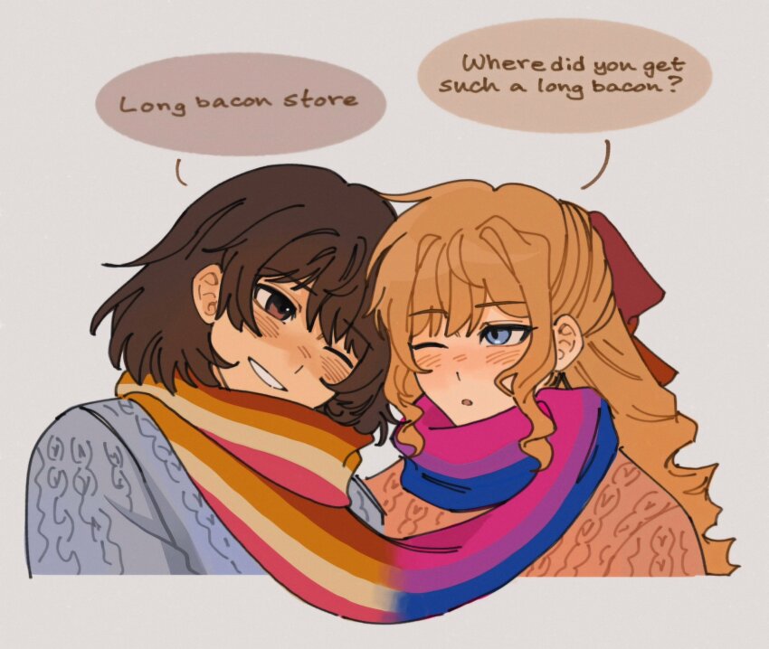 2girls aran_sweater bisexual_female bisexual_flag blonde_hair blue_eyes blue_sweater blush brown_eyes brown_hair cable_knit chinese_commentary claire_francois commentary english_text grey_background hair_ribbon heads_together highres lesbian_flag long_bacon_store_(meme) long_hair looking_at_another meme multiple_girls one_eye_closed orange_sweater parted_lips rae_taylor red_ribbon ribbon scarf shared_clothes shared_scarf short_hair simple_background smile speech_bubble sweater t4yl0r712 upper_body watashi_no_oshi_wa_akuyaku_reijou yuri
