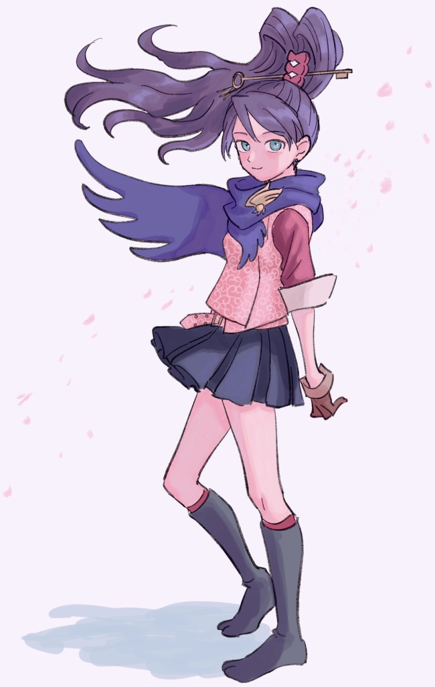1girl ace_attorney ace_attorney_investigations black_hair blue_scarf blue_skirt boots brown_gloves closed_mouth falling_petals full_body gloves green_eyes high_ponytail highres karakusa_(pattern) kay_faraday key_hair_ornament knee_boots long_hair looking_at_viewer miniskirt petals pink_shirt pleated_skirt ponytail renshu_usodayo scarf shirt short_sleeves simple_background skirt sleeves_rolled_up smile solo standing swept_bangs two-tone_shirt white_background