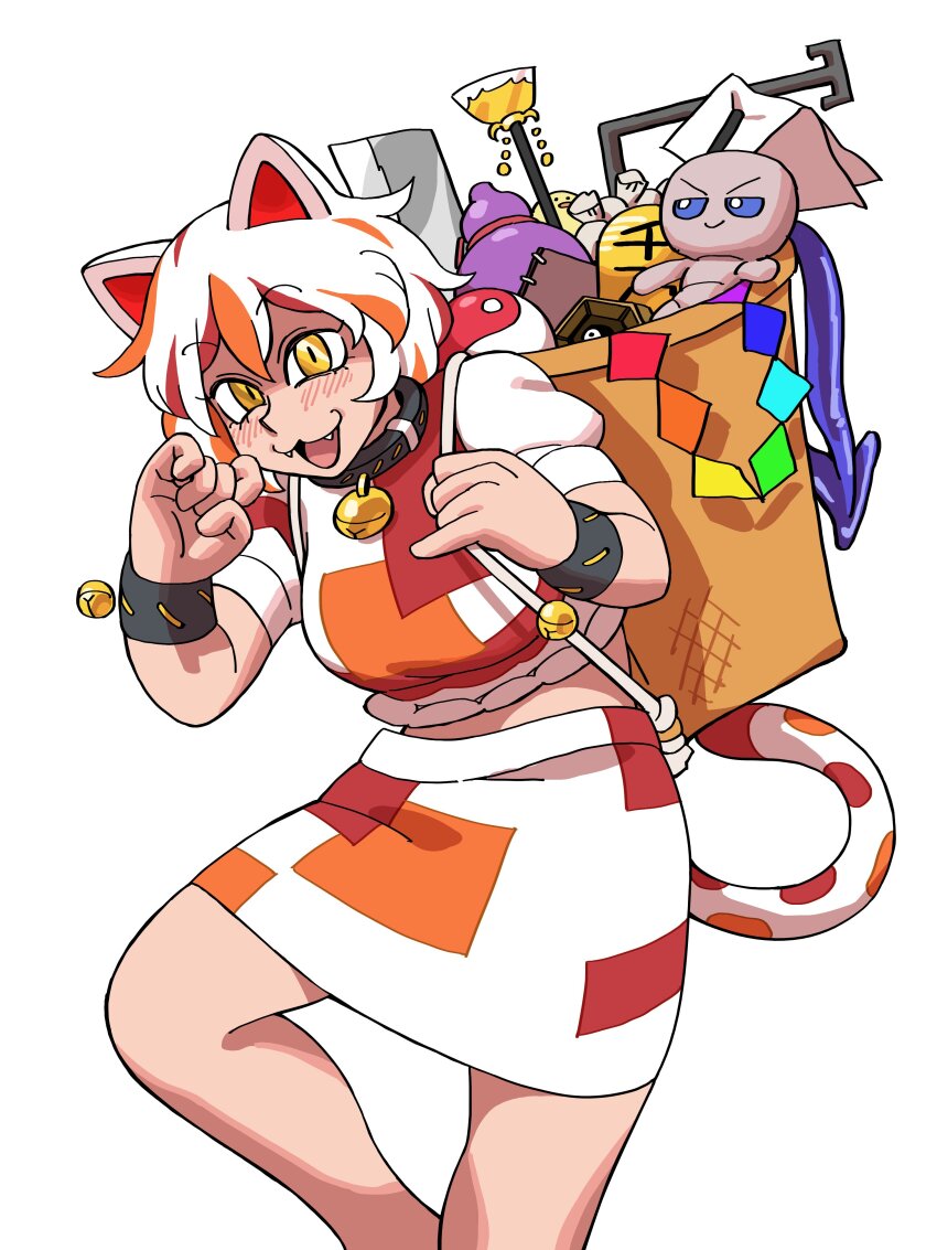 1girl absurdres animal_ears bell cat_ears cat_girl cat_tail chisel coin commentary dowsing_rod eddybird55555 full_body fumo_(doll) gohei gourd goutokuji_mike highres looking_at_viewer mini-hakkero multicolored_hair multicolored_shirt multicolored_skirt neck_bell orange_hair orb shirt simple_background skirt solo streaked_hair tail touhou white_background white_footwear white_hair wings yellow_eyes yin_yang yin_yang_orb