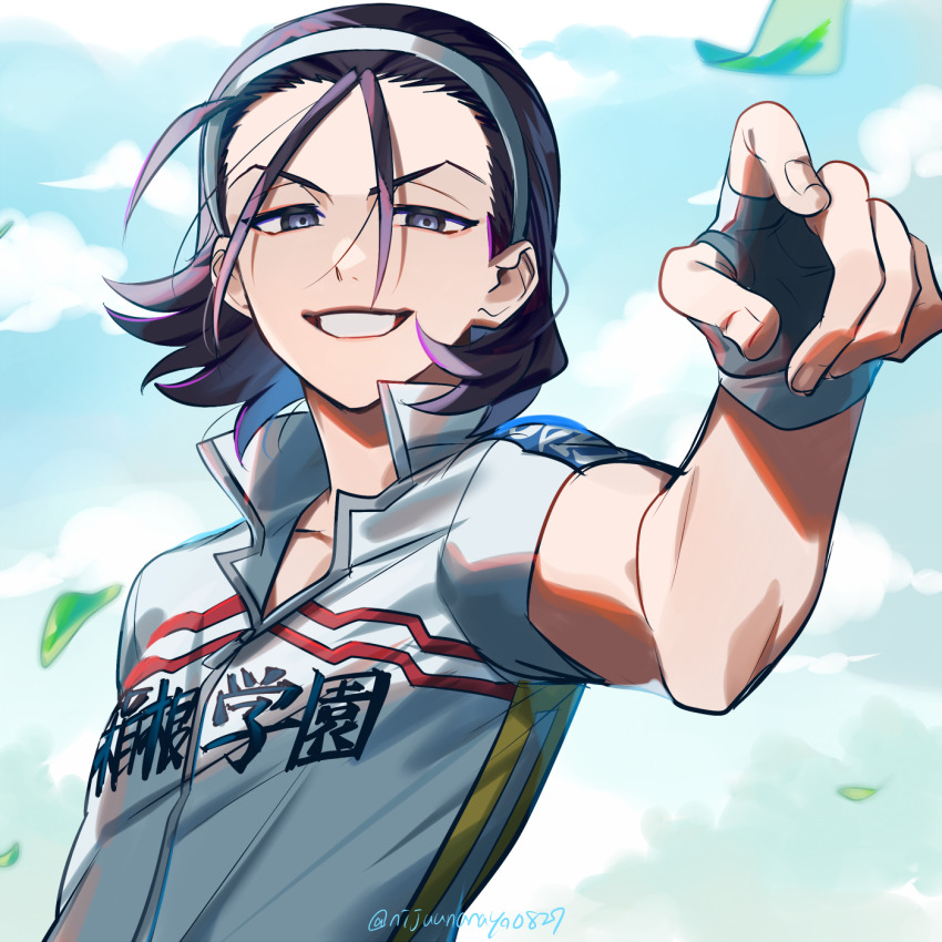 1boy blue_sky cloud collarbone collared_shirt commentary_request day dress_shirt falling_leaves fingerless_gloves forehead gloves grey_eyes grey_gloves hairband hand_up highres leaf male_focus ninahachi outdoors pointing pointing_at_viewer purple_hair shirt short_sleeves sky smile solo toudou_jinpachi twitter_username upper_body v-shaped_eyebrows white_hairband white_shirt yowamushi_pedal