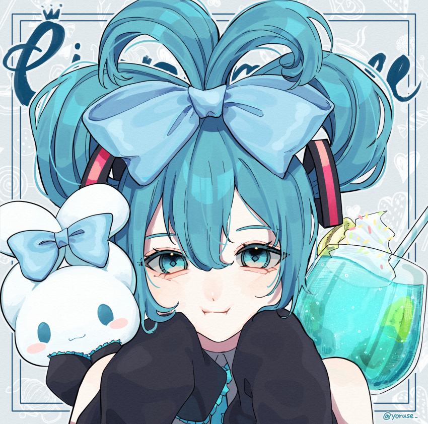 :3 :i aegyo_sal aqua_eyes aqua_hair black_sleeves blue_bow bow cinnamiku cinnamoroll collared_shirt commentary_request cream detached_sleeves drink drinking_straw food frilled_sleeves frills fruit fuwa_fuwa_cinnamoroll glass grey_shirt hair_between_eyes hair_bow hatsune_miku heart highres kiwi_(fruit) kiwi_slice long_sleeves looking_at_viewer partial_commentary sanrio shirt sleeveless sleeveless_shirt twitter_username updo vocaloid yoruse