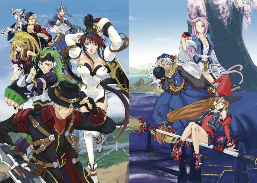 2boys 6+girls ahoge android animal_ears arisu_reiji armpits aschen_brodel asou_naruto bad_id bad_pixiv_id bandages banpresto belt black_hair blonde_hair blue_eyes blue_hair breasts broom broom_riding cat_ears china_dress chinese_clothes cleavage clenched_hand cowboy cowboy_hat detached_sleeves dorothy_mistral dress drill_hair elbow_gloves everyone hand_fan fingerless_gloves garter_belt gauntlets gloves green_eyes green_hair gun hair_ornament harken_browning hat highres horns huge_weapon katana koma_(srw) kos-mos kos-mos_ver._4 kyon_feulion large_breasts long_hair midriff multicolored_hair multiple_boys multiple_girls nanbu_kaguya one_eye_closed original pink_hair pointy_ears ponytail red_eyes sidesaddle single_horn skirt super_robot_wars super_robot_wars_og_saga_mugen_no_frontier suzuka_hime sword thighhighs two-tone_hair uniform vest weapon cowboy_western wink witch_hat xiaomu yellow_eyes