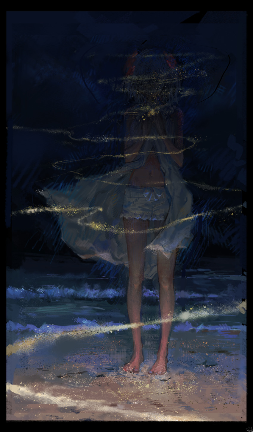1girl absurdres bare_arms bare_legs barefoot beach black_border bloomers blue_bow border bow commentary_request dark dress full_body highres kudou_chitose kudou_chitose_(1st_costume) navel nijisanji ocean open_clothes open_dress outdoors qunqing123 sand short_hair solo stomach toes underwear virtual_youtuber waist_bow white_bloomers white_dress white_hair