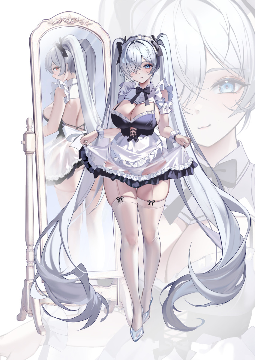 1girl :3 absurdres alternate_costume apron bare_back black_ribbon blue_eyes blush bow breasts cinderella_(nikke) cleavage clothes_lift commentary different_reflection dress english_commentary enmaided frilled_apron frilled_dress frilled_hairband frilled_wrist_cuffs frills full-length_mirror garter_straps glass_slipper goddess_of_victory:_nikke hair_between_eyes hair_intakes hair_ornament hair_over_one_eye hair_ribbon hairband high_heels highres large_breasts long_hair looking_at_viewer maid maid_apron maid_headdress mirror panties pantyshot reflection ribbon see-through_clothes see-through_skirt skindentation skirt skirt_lift solo thighhighs twintails underwear uyuri_(89976220) very_long_hair white_background white_dress white_hair white_thighhighs wrist_cuffs zoom_layer