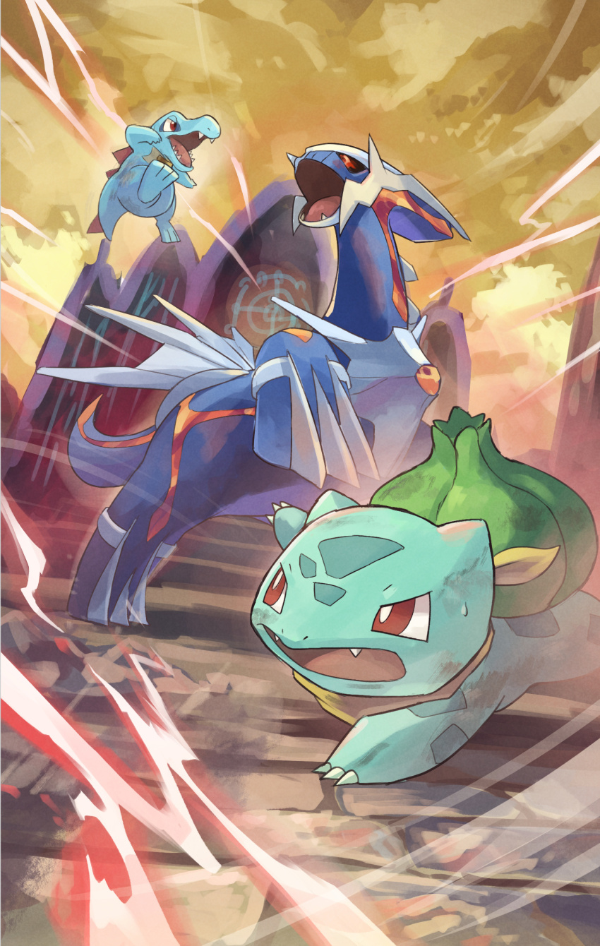 all_fours bandana bandana_around_neck battle blue_skin blurry blurry_background bulbasaur colored_skin crocodile crocodilian dialga dragon fangs gen_1_pokemon gen_2_pokemon gen_4_pokemon green_skin highres legendary_pokemon necktie nintendo open_mouth orange_bandana pokemon pokemon_mystery_dungeon pokemon_mystery_dungeon:_explorers_of_time/darkness/sky screaming sharp_teeth tail teeth totodile yamaori_(hakkentai_pokedan)