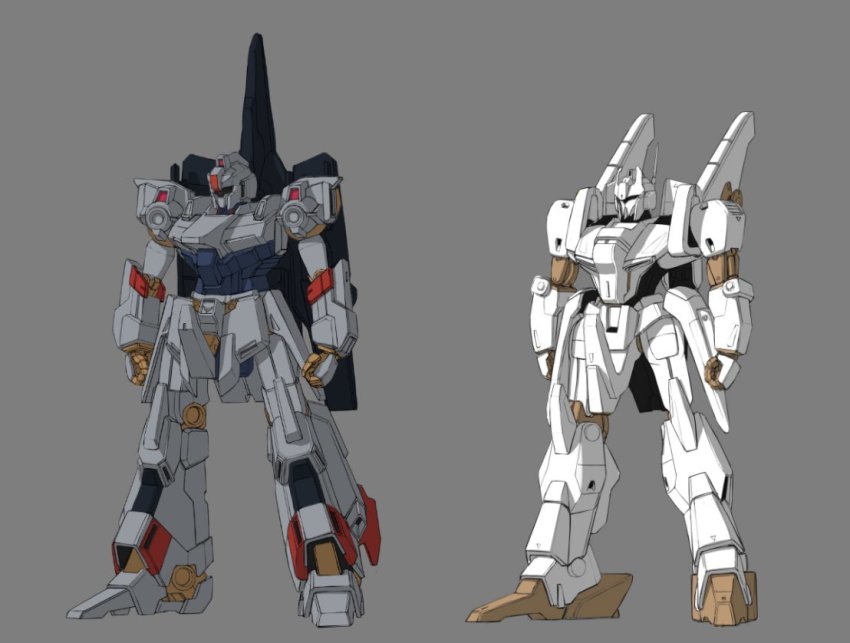clenched_hands company_connection creator_connection fusion grey_background gundam hiwa_industry hyaku_shiki juusenki_l-gaim l-gaim l-gaim_mk_ii mecha mecha_focus no_humans robot science_fiction standing sunrise_(company) visor zeta_gundam zeta_gundam_(mobile_suit)