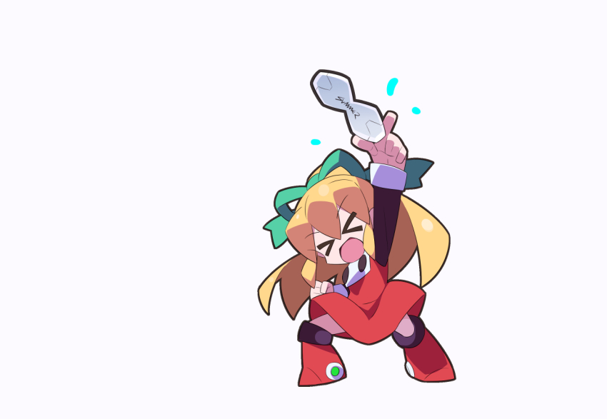 &gt;_&lt; 1girl aiming_up arm_up blonde_hair chibi commentary_request dress full_body high_ponytail holding holding_swimsuit holding_unworn_clothes kaidou_zx long_hair mega_man:_powered_up mega_man_(classic) mega_man_(series) mega_man_x_(series) mega_man_x_dive monochrome outline ponytail red_dress red_outline roll_(mega_man) simple_background solo swimsuit unworn_swimsuit weapon white_background