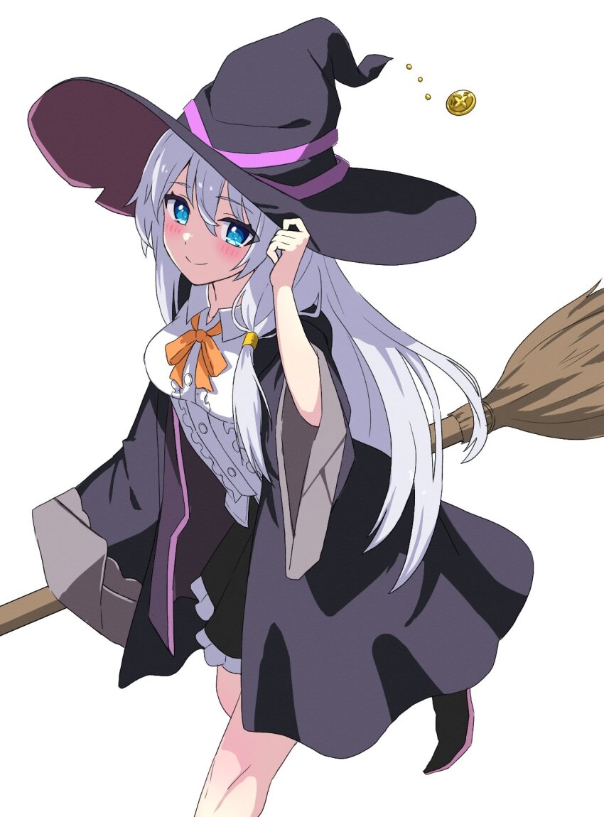 1girl black_hat black_robe black_skirt blue_eyes blue_pupils blush bow bowtie breasts broom center_frills closed_mouth collared_shirt commentary_request elaina_(majo_no_tabitabi) foot_out_of_frame frilled_shirt frilled_skirt frills grey_hair hair_between_eyes hand_on_headwear hand_up hat hat_ribbon highres long_hair long_sleeves looking_at_viewer majo_no_tabitabi medium_breasts miniskirt open_clothes open_robe orange_bow orange_bowtie pleated_skirt poteto_furai purple_ribbon ribbon robe shirt simple_background skirt smile solo split_mouth standing standing_on_one_leg straight_hair very_long_hair white_background white_shirt wide_sleeves witch witch_hat