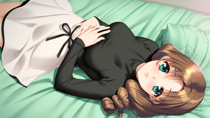 1girl bed_sheet black_ribbon black_shirt braid braided_ponytail breasts brown_hair cowboy_shot doukyuusei_(series) doukyuusei_2 floral_print game_cg green_eyes hair_intakes hands_on_own_stomach highres indoors long_hair long_sleeves looking_at_viewer lying medium_breasts miniskirt official_art on_back on_bed parted_lips pillow print_pillow ribbon shirt single_braid skirt solo sugimoto_sakurako sumeragi_kohaku white_skirt
