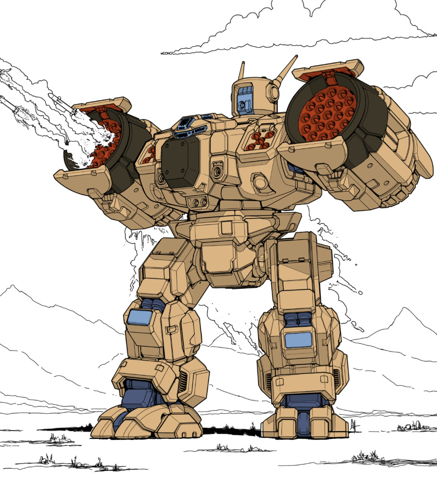 battletech choujikuu_yousai_macross cloud commentary contrail darkton-artemis destroid energy_cannon english_commentary firing hatch highres light longbow_(battletech) machinery macross mecha missile missile_pod no_humans original phalanx_(destroid) redesign robot robotech science_fiction signature smoke u.n._spacy walker_(robot)